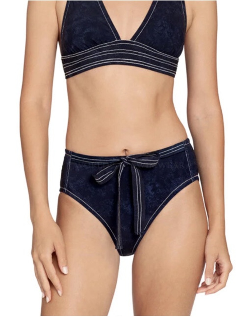 Navy High-Waist Bikini Set with Contrast Stitching